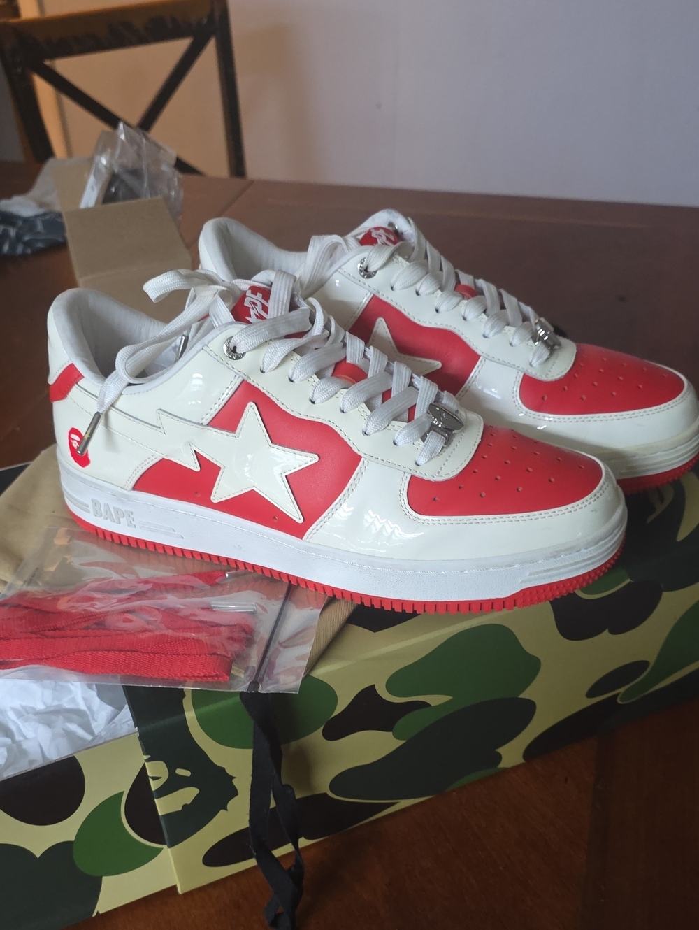 BAPE Red & White Leather Star Sneakers